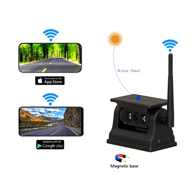 1080P WiFi trådlös backkamera för Android iOS med solcellsladdning och magnetiskt fäste